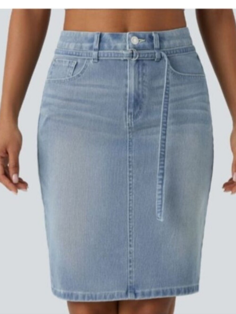 HALARA Light Blue Denim Pencil Skirt with Belted Waist